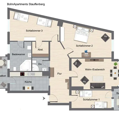 Bohnapartments Stauffenberg - Parkplatz - 2 Badezimmer - 3 Schlafzimmer - Wlan